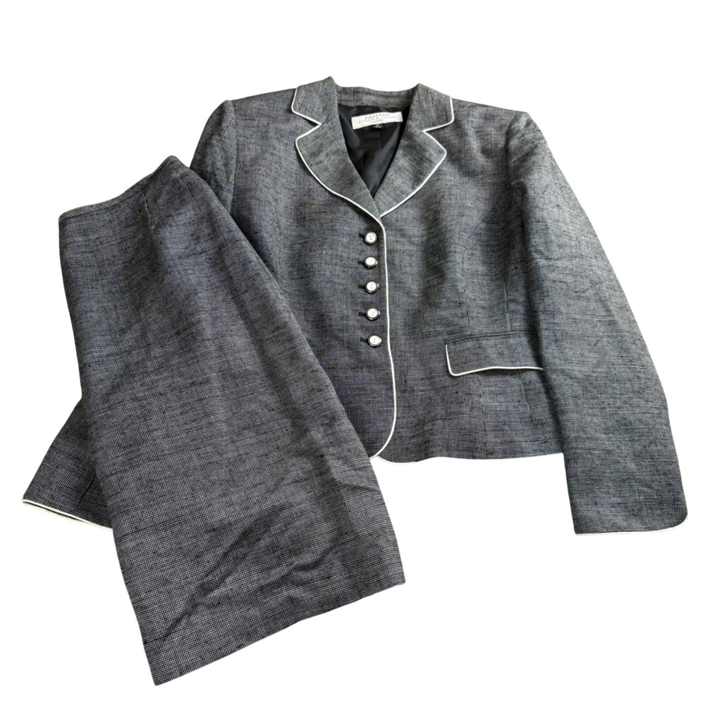 Tahari Silk Blend Skirt Suit Women Size 8P Micro Check Interview Career Office